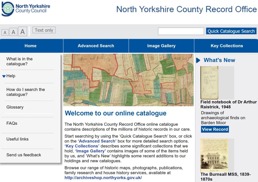 A screenshot of the homepage of the Archives online catalogue with an image of a map