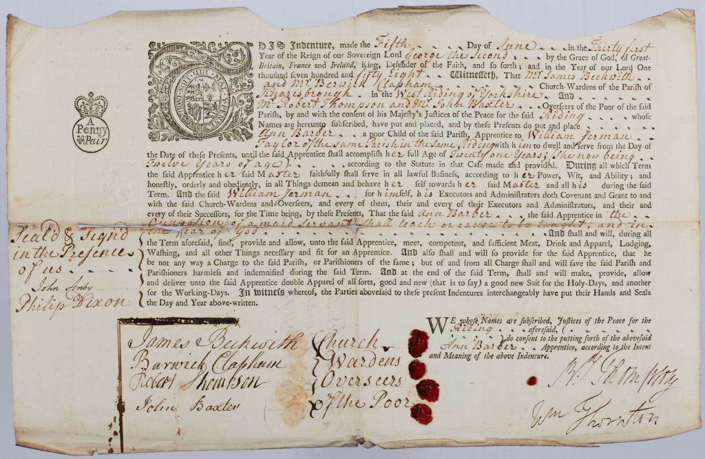 Apprenticeship indenture for Ann Barber, 5th June 1758