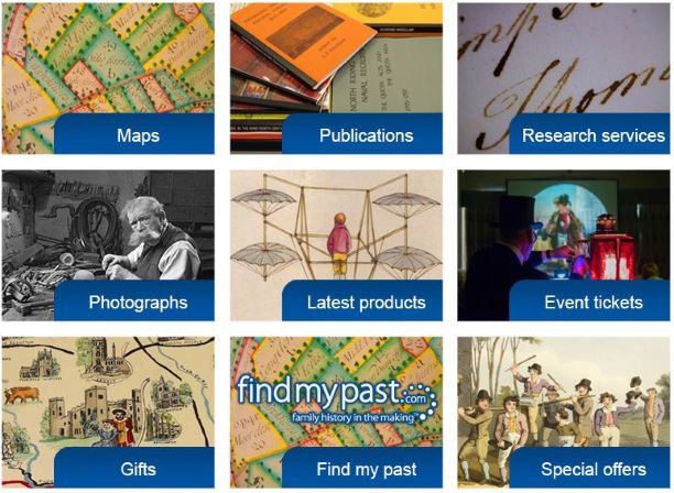 A screenshot from the homepage of the Archives online shop showing colourful tiles titled maps, publications, research services, photographs, latest products, event tickets, gifts, and special offers.
