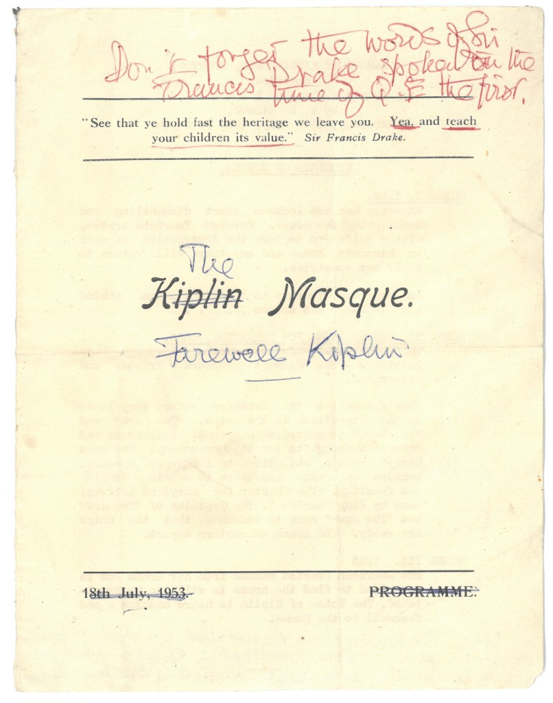 Cover for Kiplin Masque programme, dated 18th July 1953 with handwritten amendments for The Marsque, Farewell Kiplin.