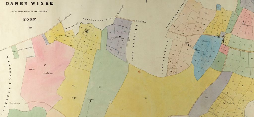 Section of the tithe map for Danby Wiske showing the numbered plots of land listed in the apportionment