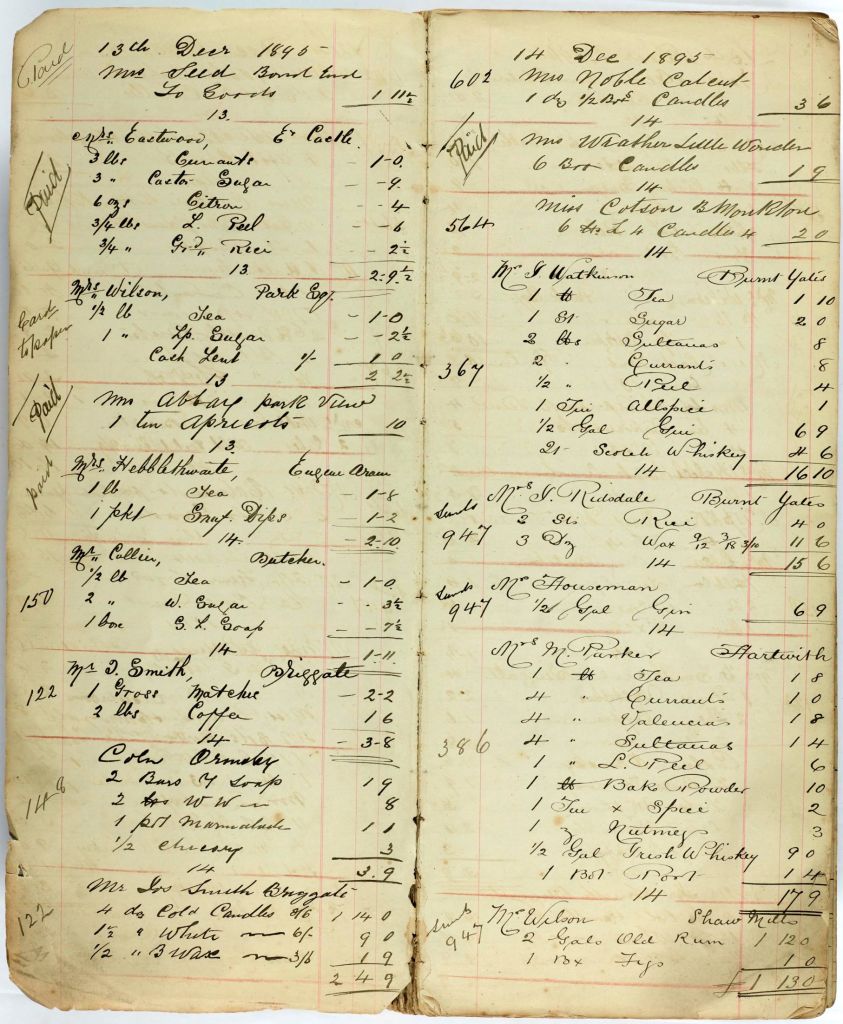 A double page spread from the ledger of grocer, Joseph Dinsdale. Each entry shows if the customer has paid, their name and sometimes part of an address or occupation, their order and the cost. Orders include items such as Tea, sugar, sultanas, citron, apricots, soap, candles, allspice, gin, whisky, rum etc.