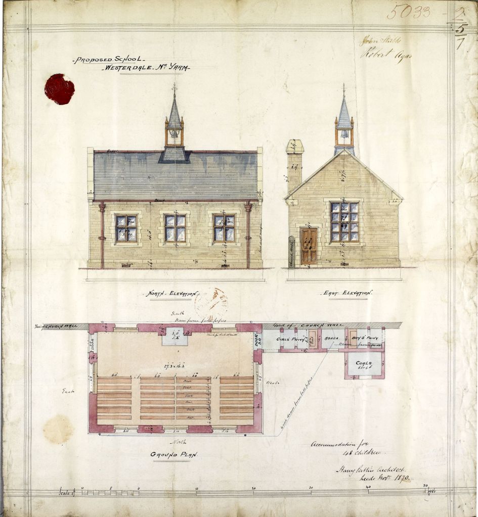 Plan for new school at Westerdale to accommodate 48 children. Shows elevation (brick built building with three windows and a bell on the roof) and ground plan.