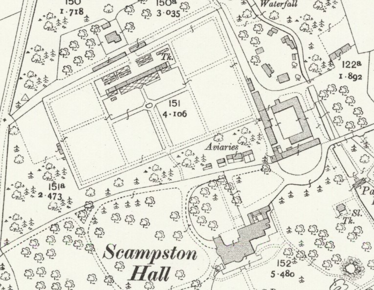 The new Richardson conservatory at Scampston Hall, shown on the second edition 25 inch to the mile Ordnance Survey map of 1911 (Yorkshire sheet CVIII.13, revised 1909)