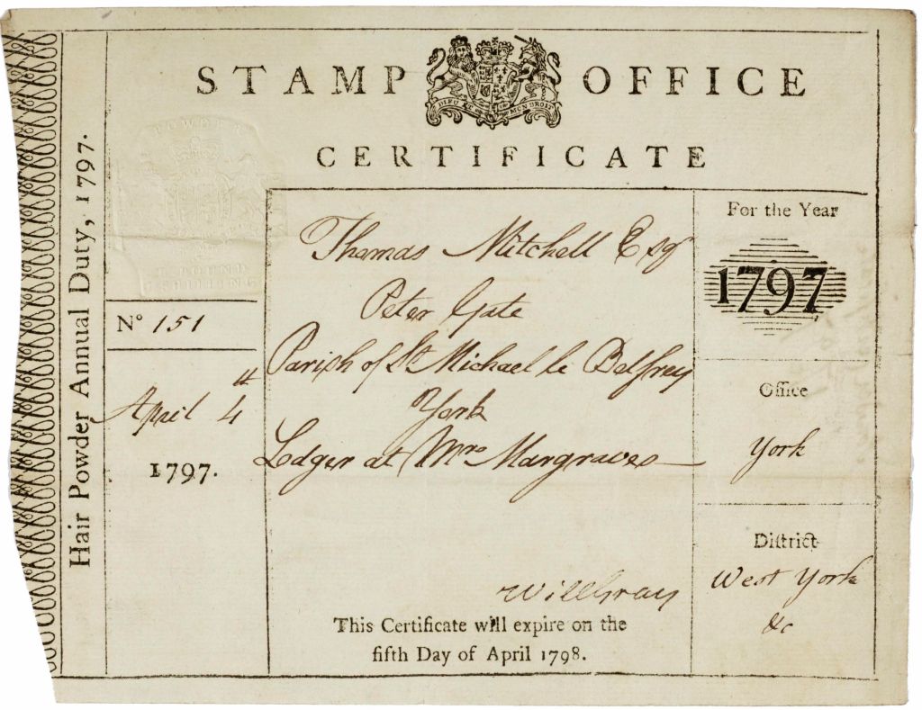 A page from the register of hair powder tax certificates dated 1796. An example entry reads: "Number of certificate: 42, date: 6th April 1792, Name: Mrs Mary Smelt, Description: Wife"