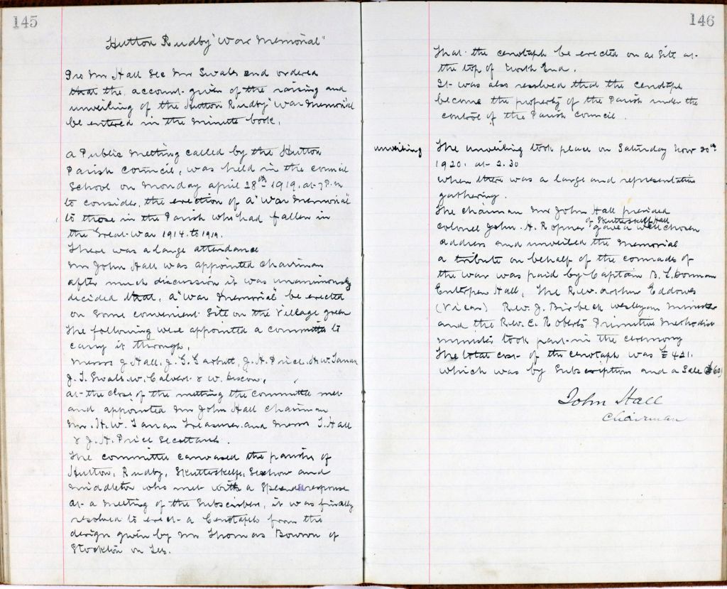 A scan of two pages from the Hutton Rudby Parish Council minute book giving an account "of the raising and unveiling of the Hutton Rudby War Memorial". 