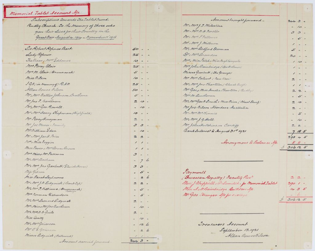 A copy of the Memorial Tablet Account, listimng subscriptions towards the Tablet Fund, Rudby Church. To the memory of those who gave their Lives for their Country in the Great War August 4 1914-November 11 1918. The account lists the names of the subscribers and the amount paid with details of payments to cover the costs of the faculty, the production of the memorial by Messrs Whippell & Co, the builders Messrs A & W Bainbridge and Mr Geo Stringer for cartage. The total amount raised and paid for the memorial was £306 12s 5d. 