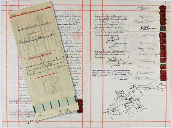 A scan of a conveyance of a piece or parcel of land and Memorial Cross situate at Kirby Hill near Boroughbridge in the County of York from Richard Carass and another to the Hon. H. Stapleton and others 28th July 1922. The scan shows the title page of the document over the inner two pages of the conveyance, which includes a small plan below the signatures and seals of those involved in the transaction. 