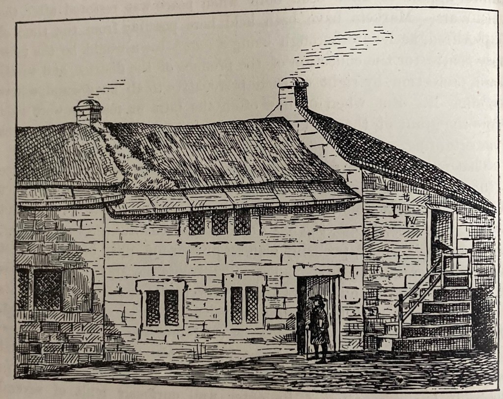A line drawing showing Eugene Aram's school and Richard Houseman's shop. Buildings are shown in a row with a man standing outside the door of the middle building. There is a staircase up to the door of the building on the right.