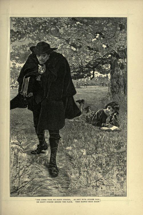 An illustration showing Eugene Aram as a schoolmaster by George Barnett Smith. He is depicted slightly hunched, holding his cape below the neck with his left hand, walking through a wood. He is holding a large book in his right hand and there is a child lying on the grass in the background reading a book.