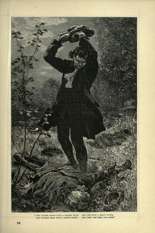 An illustration showing Eugene Aram murdering Daniel Clark by George Barnett Smith. It depicts Aram standing holding a large rock over his head whilst Clark is sprawled out face down on the ground.