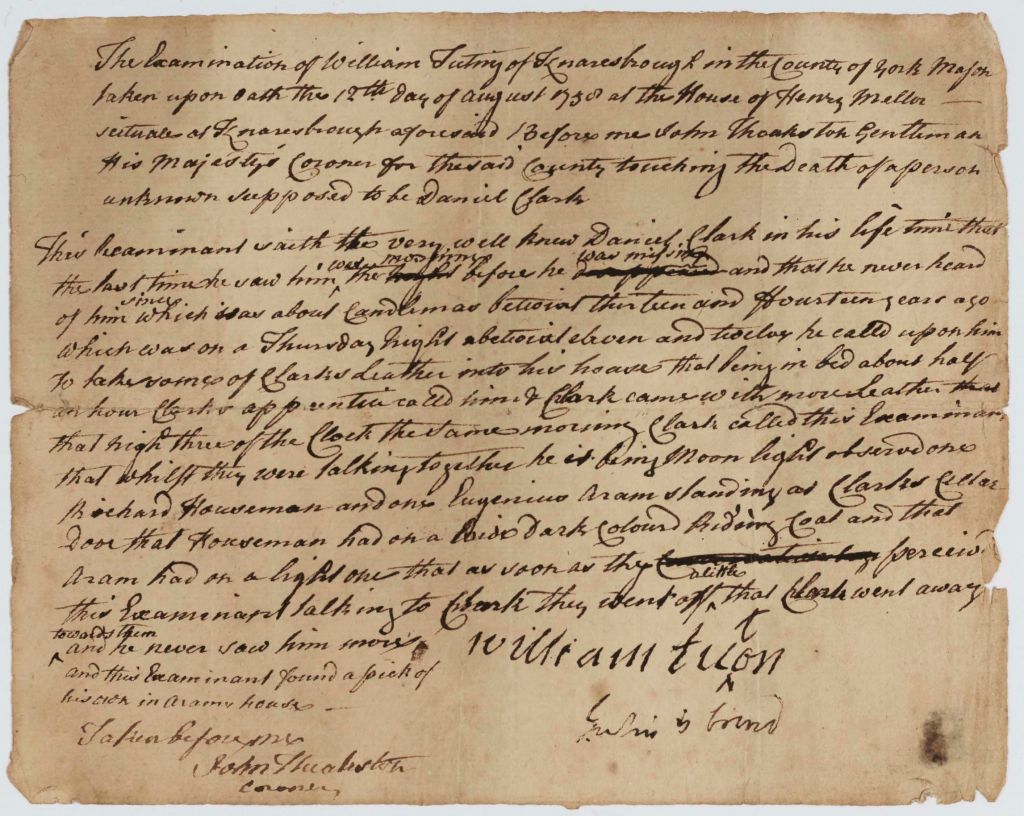 The handwritten deposition of William Tuting, giving evidence of the last time he saw Daniel Clark.