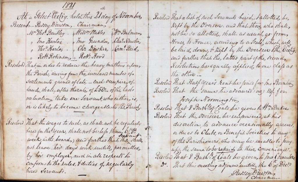 An entry from the Sinnington select vestry meeting minute book dated 21st November 1821.