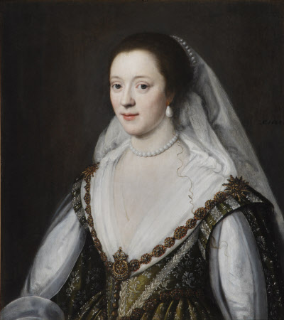 Oil painting on panel, Frances Coke, Viscountess Purbeck (1601-1645) by Michel Miereveldt (1567-1641), dated "Ao.1623". Inscribed (on reverse) "Fran...Coocke Vicotese de Porbec". A half-length portrait to left, a veil attached to her hair with a ring of pearls, wearing a surcoat of green with silver embroidery over white, a decorated gold chain falling from her shoulders, pearl necklace and earrings.