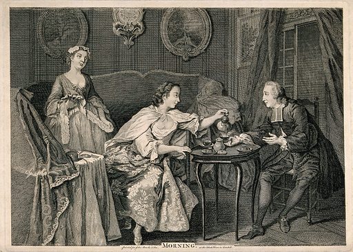 A fashionable gentleman taking morning tea with a lady in her boudoir: a maidservant stands in the background. Etching, late 18th century.