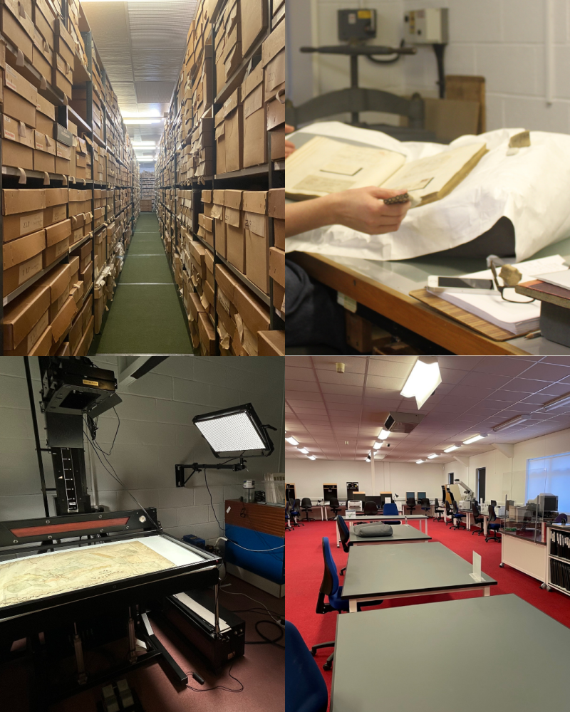 Colour image showing four photos behind the scenes at the Archives, one showing two rows of shelving full of boxes, one showing a book being cleaned in conservation, one showing our specialist camera in reprographics where we digitise our collections, and one showing the public search room.